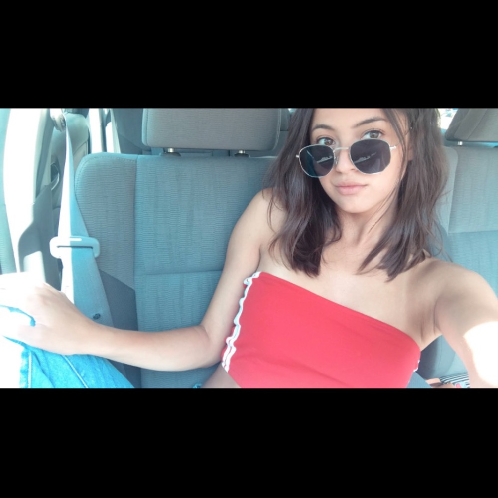 Red tube top with white racing stripe on side